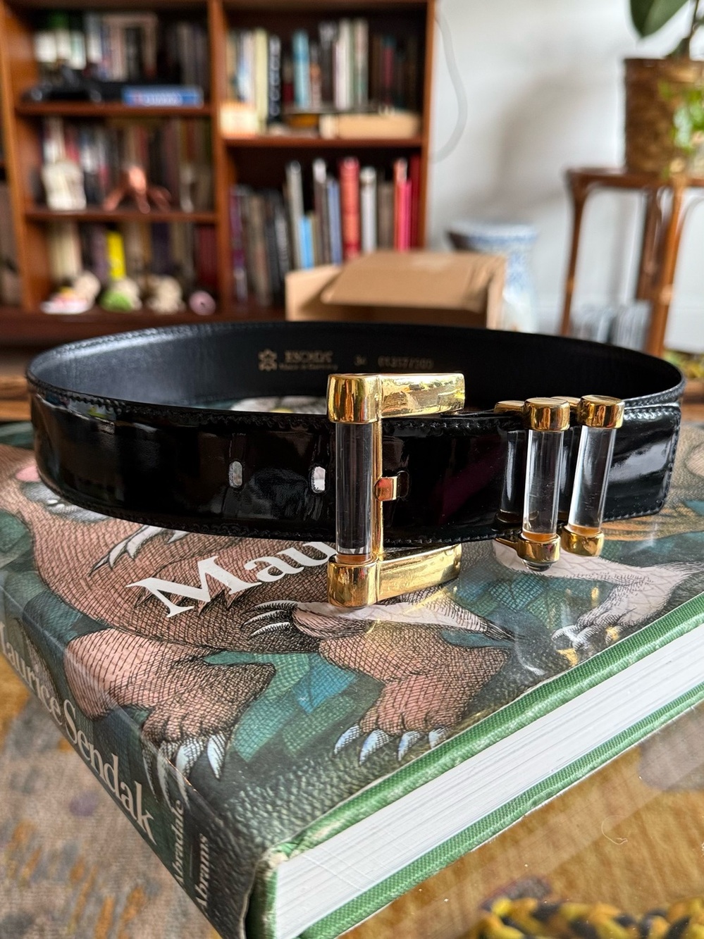 Vintage Black Patent Leather Escada Lucite and Brass Belt
